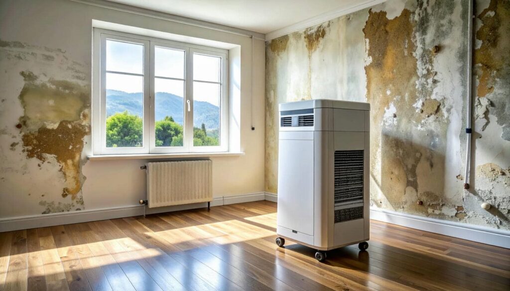 Professional restoration equipment in a room with peeling, mouldy walls and sunlight streaming through a window.