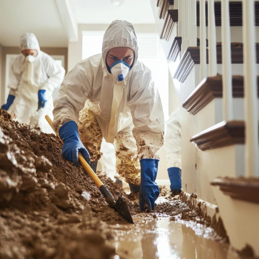 Workers in protective suits and masks cleaning mud and water from a flooded indoor area near stairs.