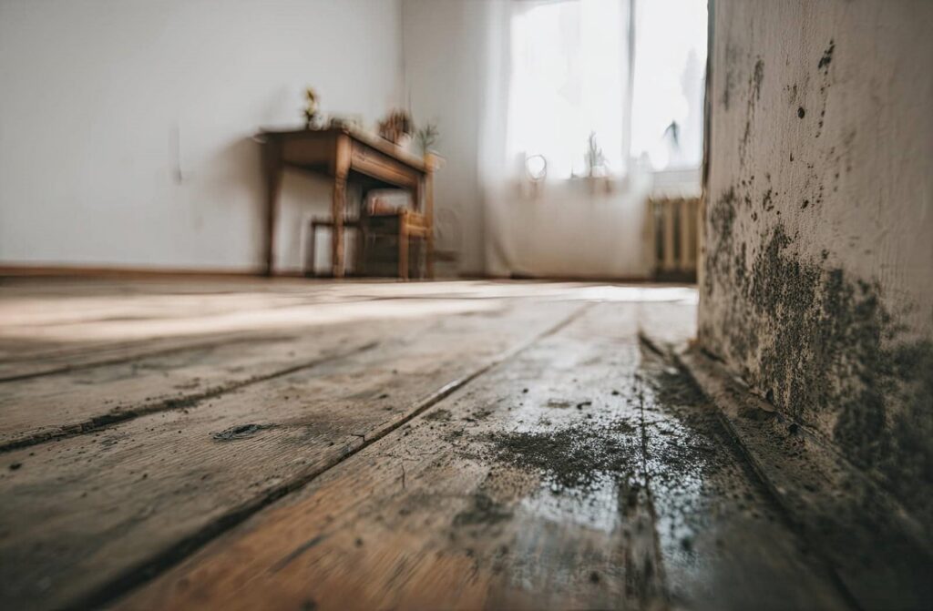 Mold growth on a wooden floor and wall corner in a sunlit room with a wooden table and chair.