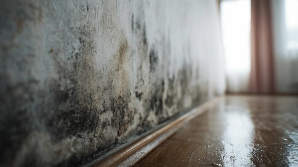 Close-up of mold growth on a wall near a wet wooden floor.