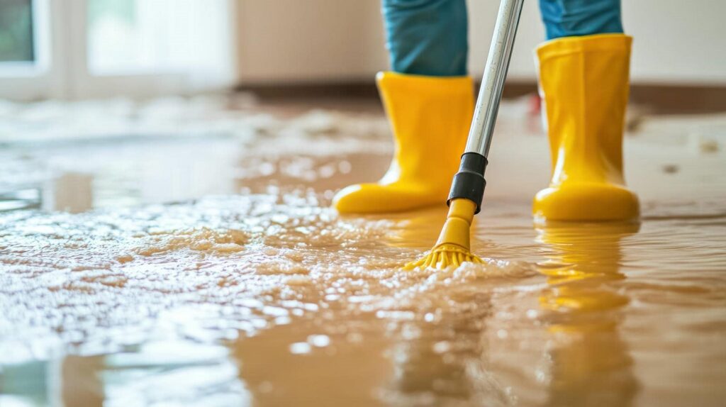 Person wearing yellow boots using a mop to clean a flooded floor.