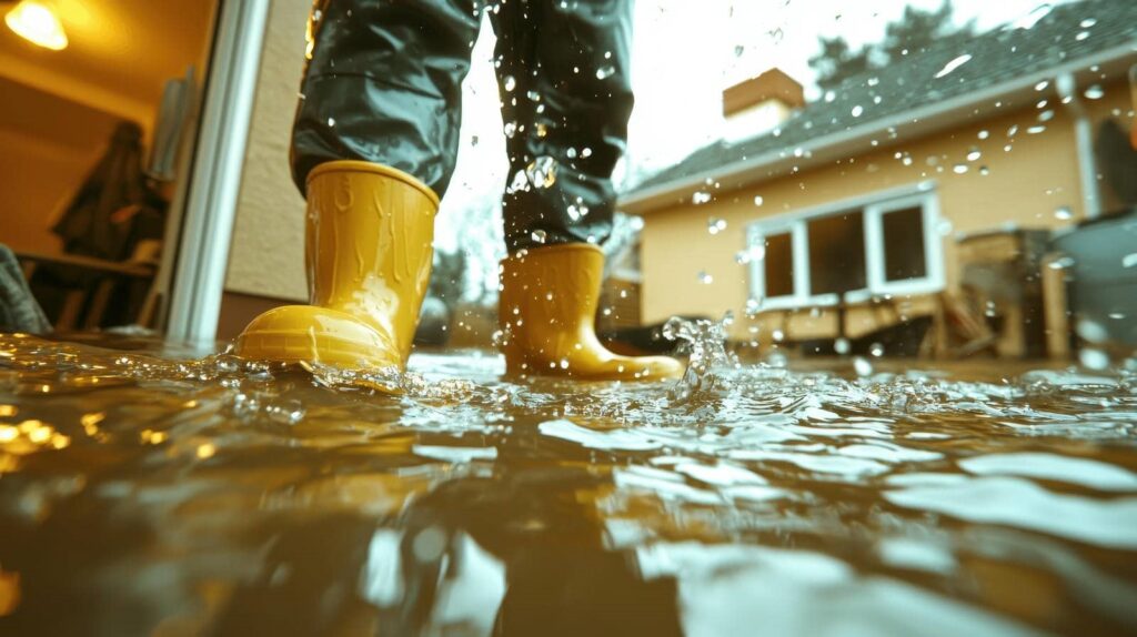 Person wearing yellow rain boots splashing in a large puddle outside a house.