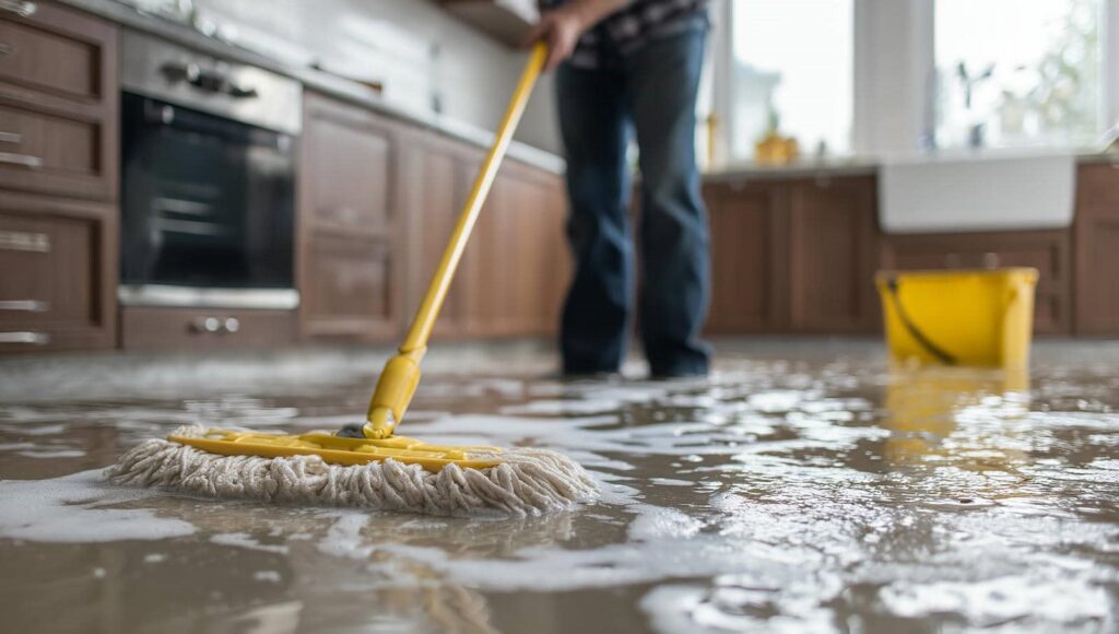 Person mopping a wet kitchen floor with a yellow mop and bucket.