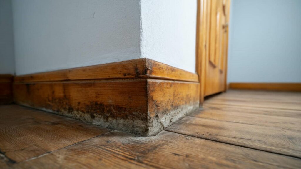 Corner of a room with wooden baseboards showing mold and water damage near the floor.