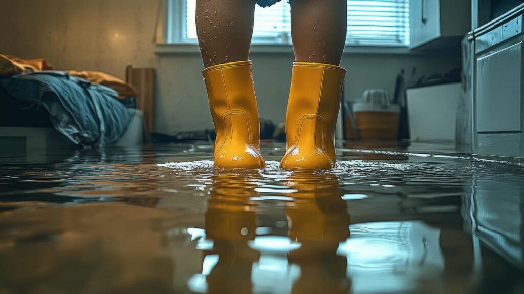 Person wearing yellow rain boots standing in a flooded room with water covering the floor.