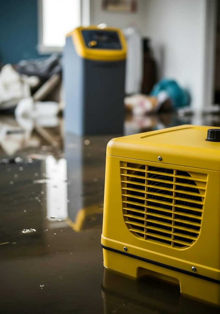 Yellow water damage air mover on a flooded floor inside a room.