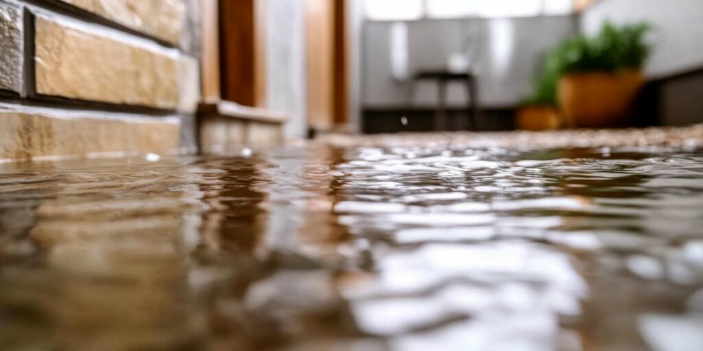 Close-up of water pooling on a floor near a brick wall with blurred indoor plants in the background.