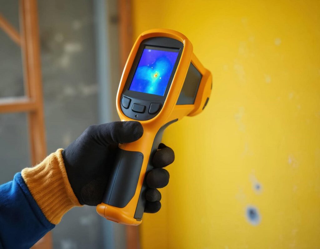 Hand holding a yellow thermal imaging camera showing a heat map on its screen.
