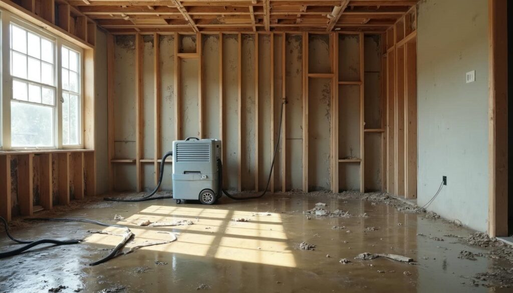 Dehumidifier in a partially demolished room with exposed wooden studs and a wet, muddy floor.