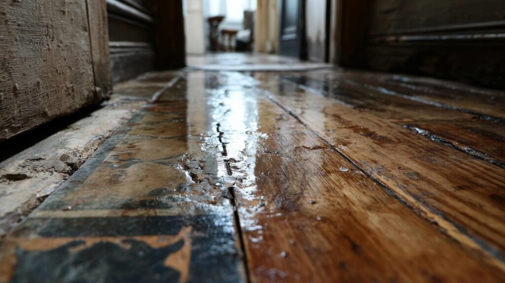 Close-up of a wet, worn wooden floor with some decorative tiles along the edge in a dim hallway.