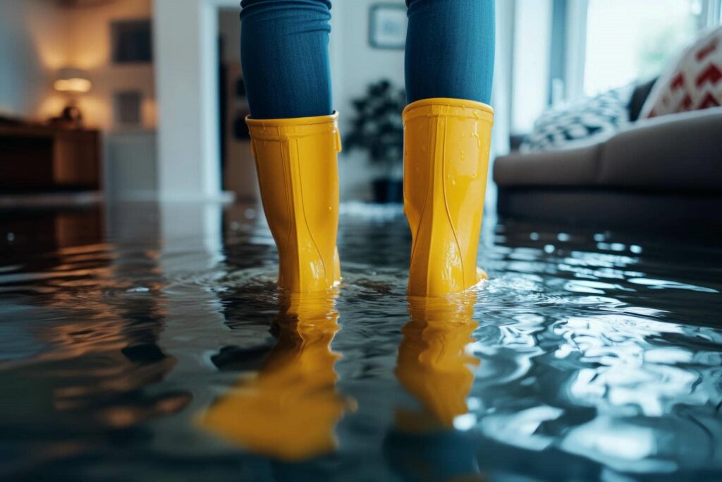 Person wearing yellow rain boots standing in a flooded indoor room with water covering the floor.