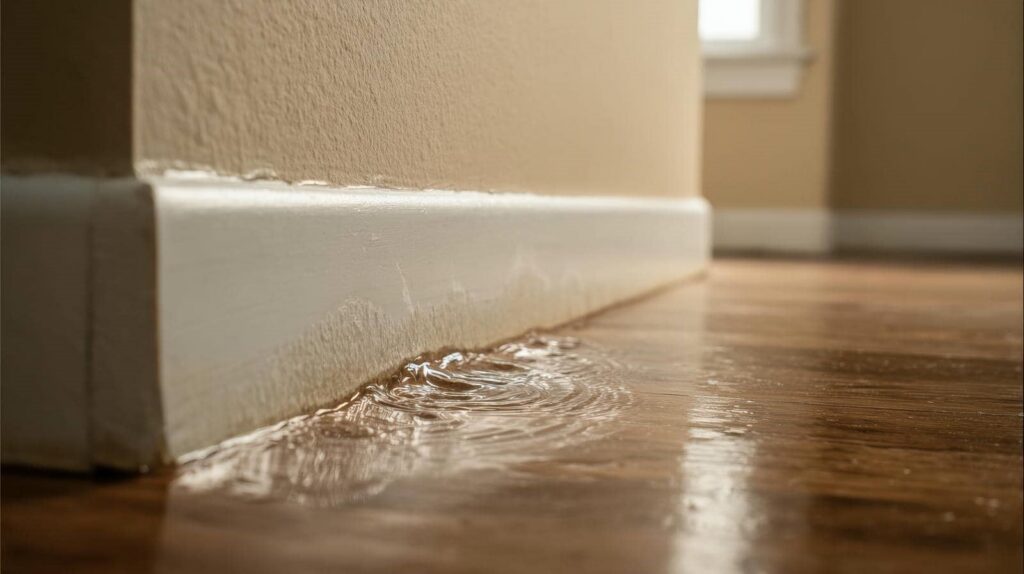 Water leaking and pooling on a wooden floor near a baseboard inside a room.