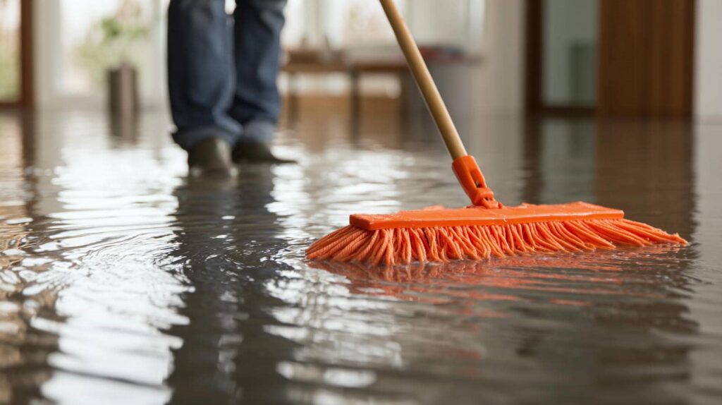 Person using an orange mop to push water on a flooded indoor floor.