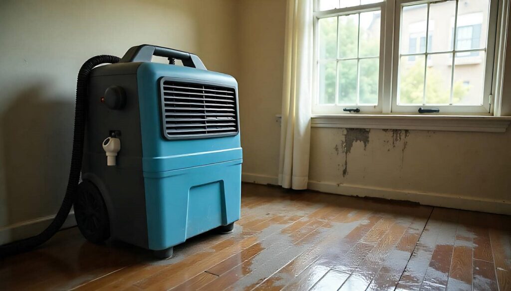 Professional equipment on a wooden floor near a window with water damage on the wall.