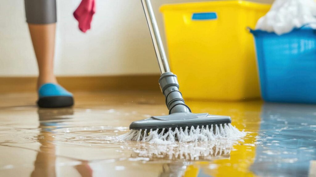 Person scrubbing a wet tiled floor with a brush mop and soapy water.