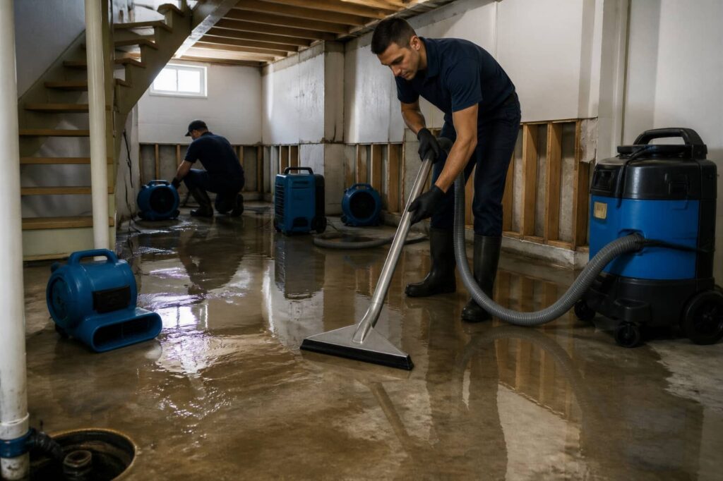 Workers using industrial vacuums to clean a flooded basement.