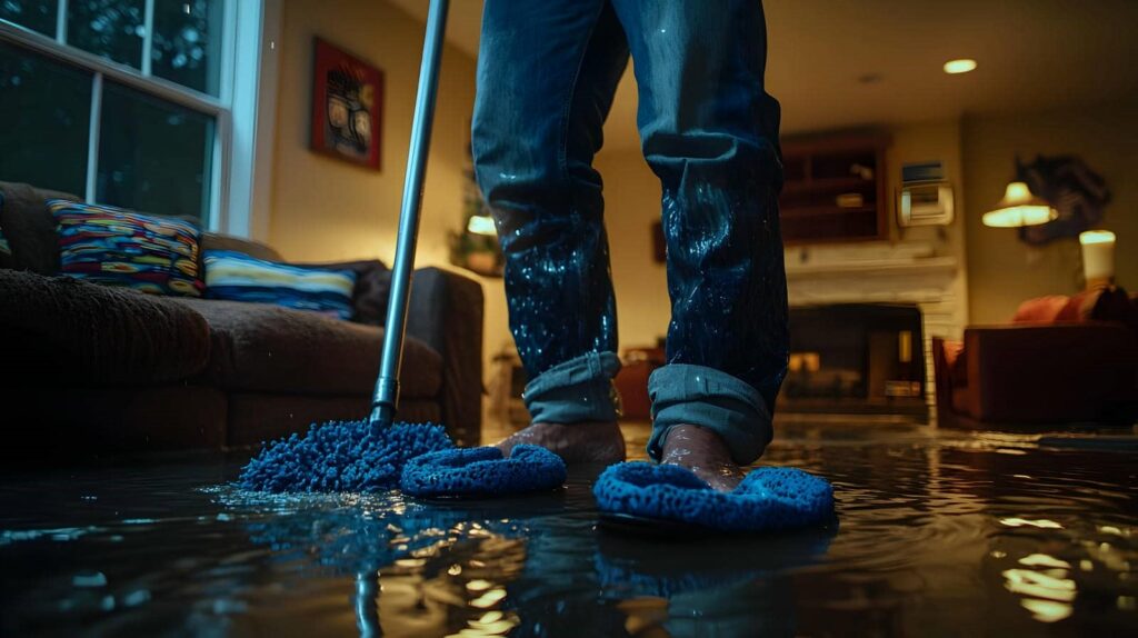 Person mopping a flooded living room floor with water-soaked jeans and slippers.
