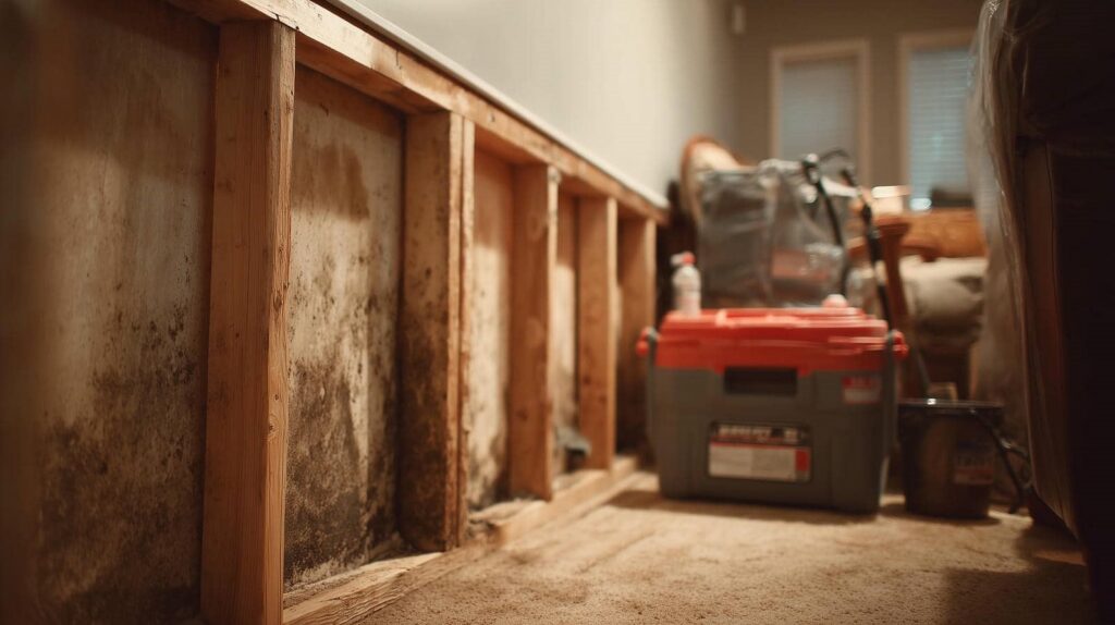 Exposed wall studs with visible mold damage and a toolbox on a carpeted floor in a room.