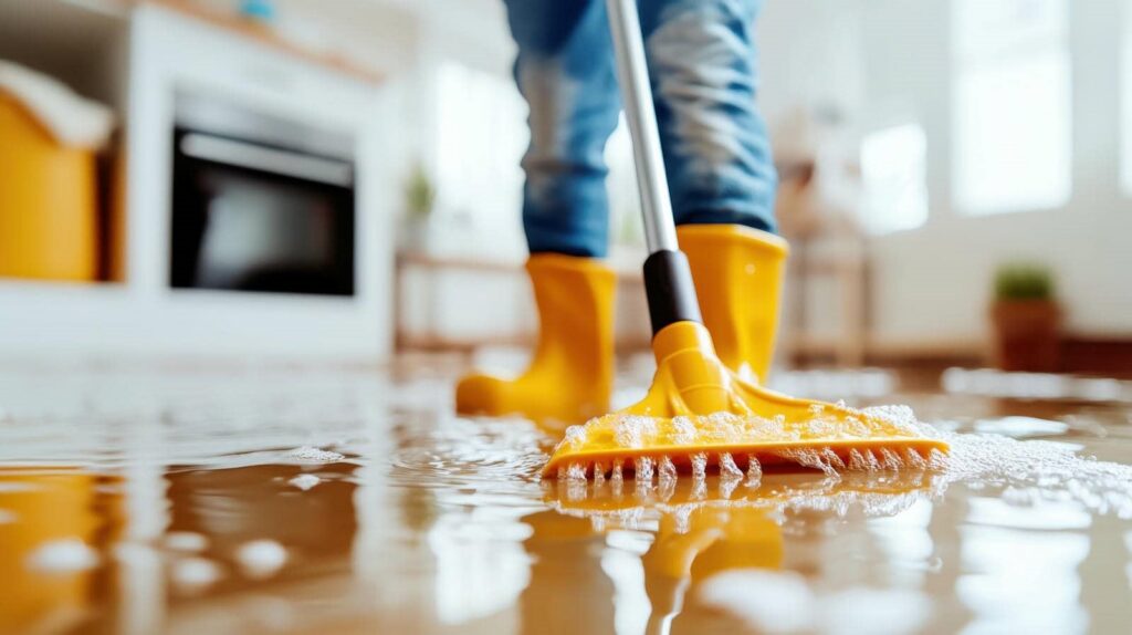 Person wearing yellow boots mopping a wet floor with a yellow mop in a bright room.