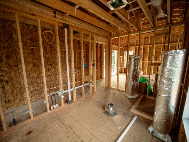 Interior of a house under construction showing exposed wooden framing and insulation rolls. reconstruction services