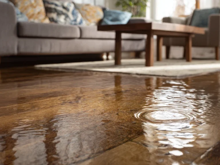Water flooding a wooden floor in a living room with a sofa and coffee table in the background. water damage restoration